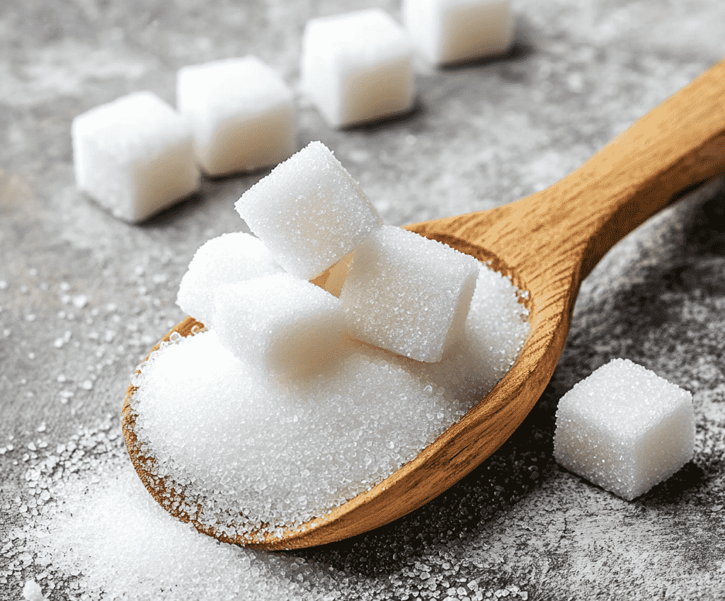 Cucchiaio di legno con cubetti di zucchero, simbolo dell’intolleranza allo zucchero e delle sue alternative alimentari