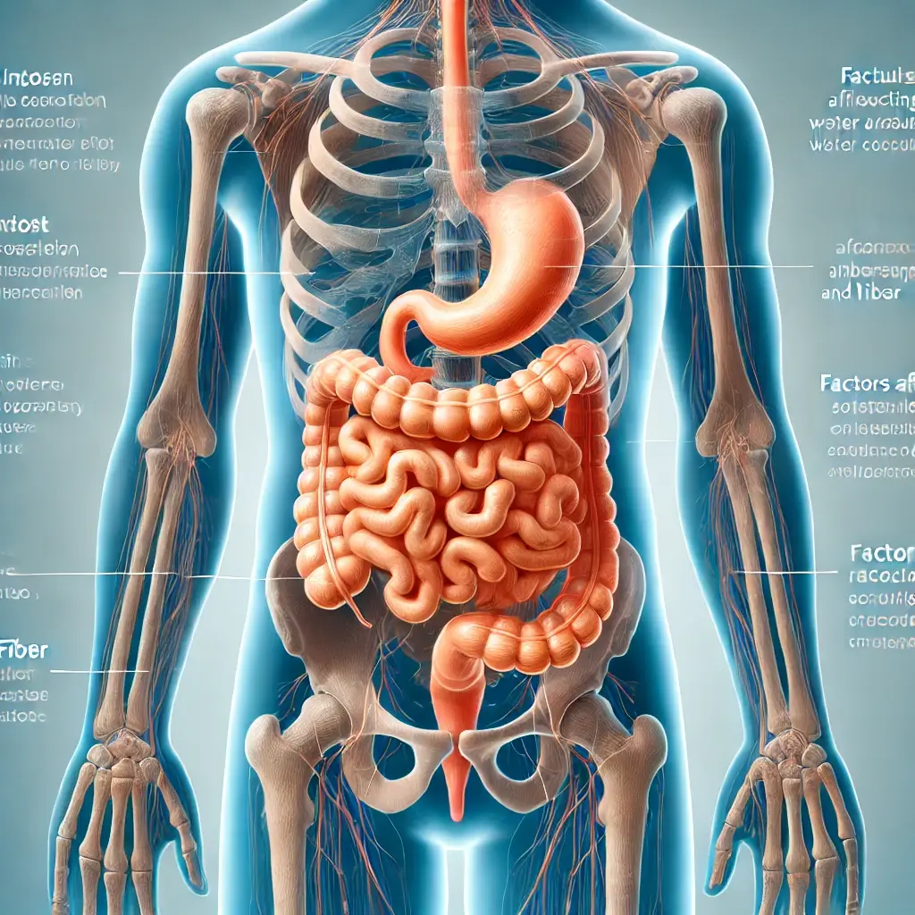 Illustrazione medica del sistema digestivo umano con focus sugli intestini e sulla formazione delle feci, evidenziando i fattori che influenzano la consistenza delle feci, come l'assorbimento di acqua e l'apporto di fibre.