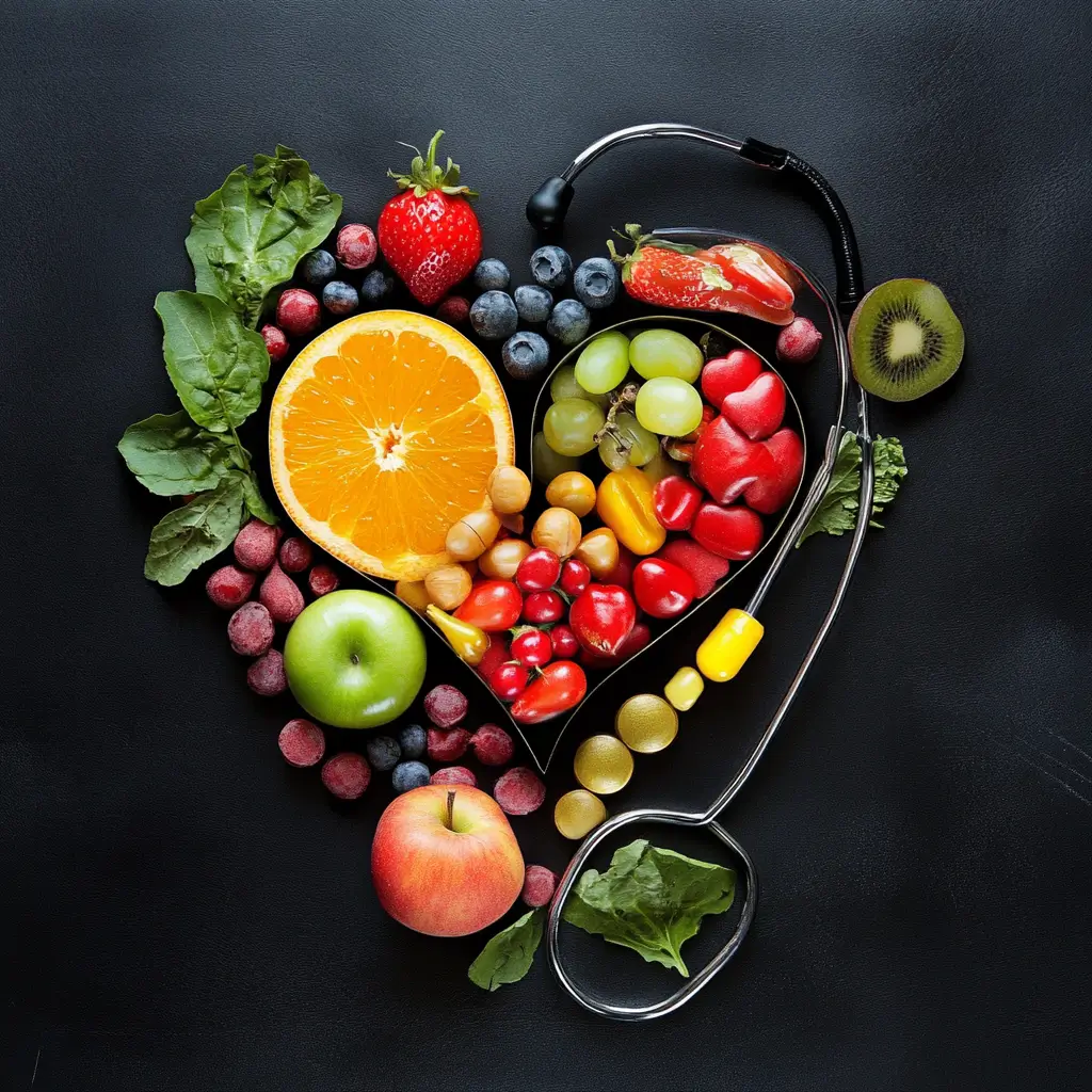 Composizione di frutta e verdura fresca disposta a forma di cuore, accompagnata da uno stetoscopio, simbolo di salute e benessere