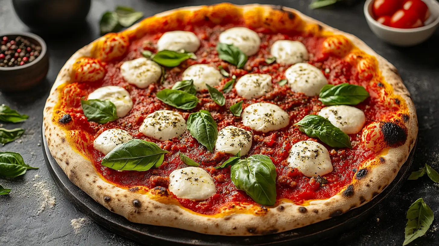 Pizza margherita con crosta dorata, mozzarella fusa e salsa di pomodoro, rappresentazione visiva dei possibili ingredienti che causano sintomi di intolleranza alla pizza e quindi ad ingredienti come glutine, lattosio, lievito e istamina.