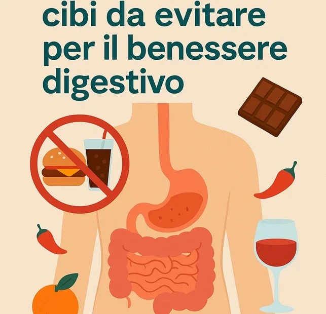 Illustrazione del sistema digestivo con cibi da evitare come hamburger, vino, cioccolato e peperoncino, per promuovere il benessere digestivo.
