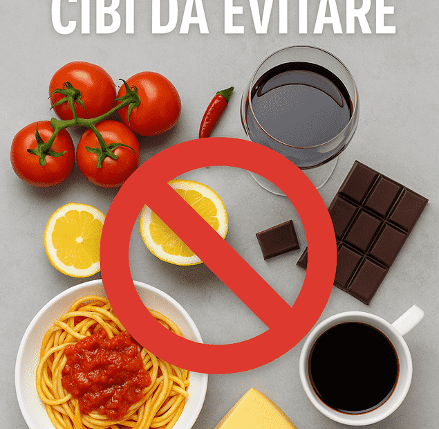 Cibi da evitare in caso di reflusso: pomodori, vino rosso, limone, cioccolato fondente e peperoncino con simbolo di divieto su sfondo grigio.
