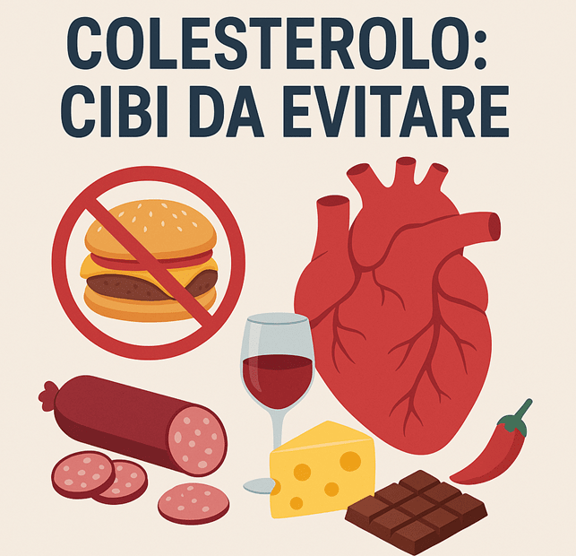 Foto realistica con simbolo di divieto su salumi, formaggi stagionati, burro, dolci e vino, cibi da evitare per il colesterolo alto.