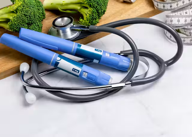due pennette per diabetici che contengono agonisti gip per la perdita di peso; attorno alle pennette è stretto uno steidoscopio