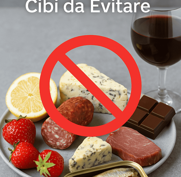 Cibi ricchi di istamina come salame, formaggio blu, cioccolato fondente, fragole, sardine, limone e vino rosso con simbolo di divieto e scritta Istamina: Cibi da evitare.