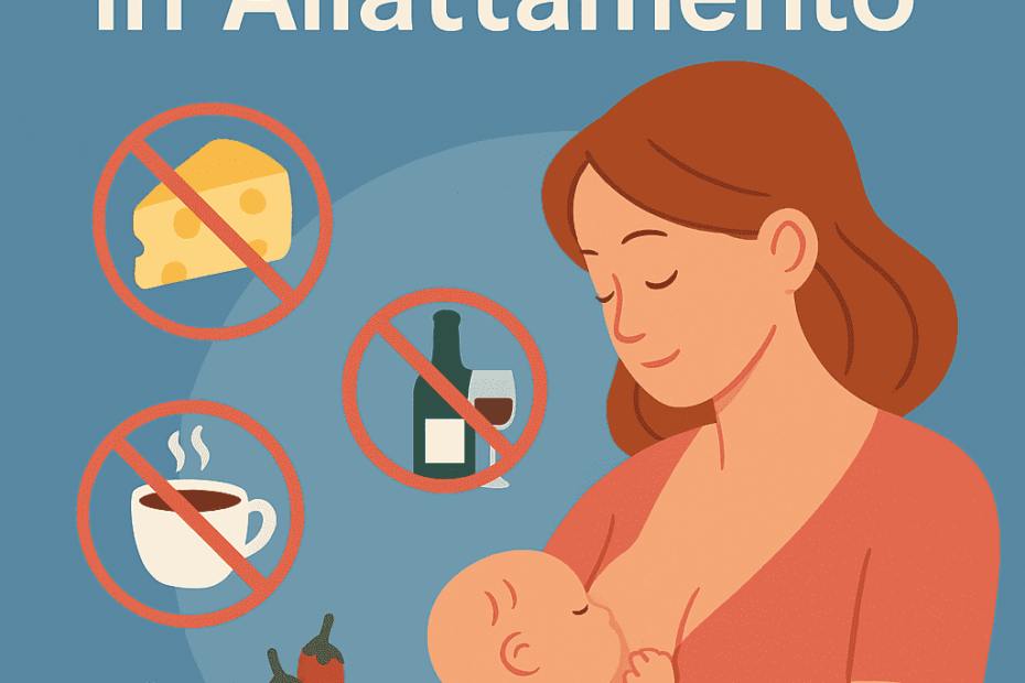 Copertina illustrata con scritta Alimenti da Evitare in Allattamento, una mamma che allatta e simboli di cibi da evitare come cioccolato, caffè, aglio, salumi e broccoli su sfondo colorato armonico e ben leggibile.