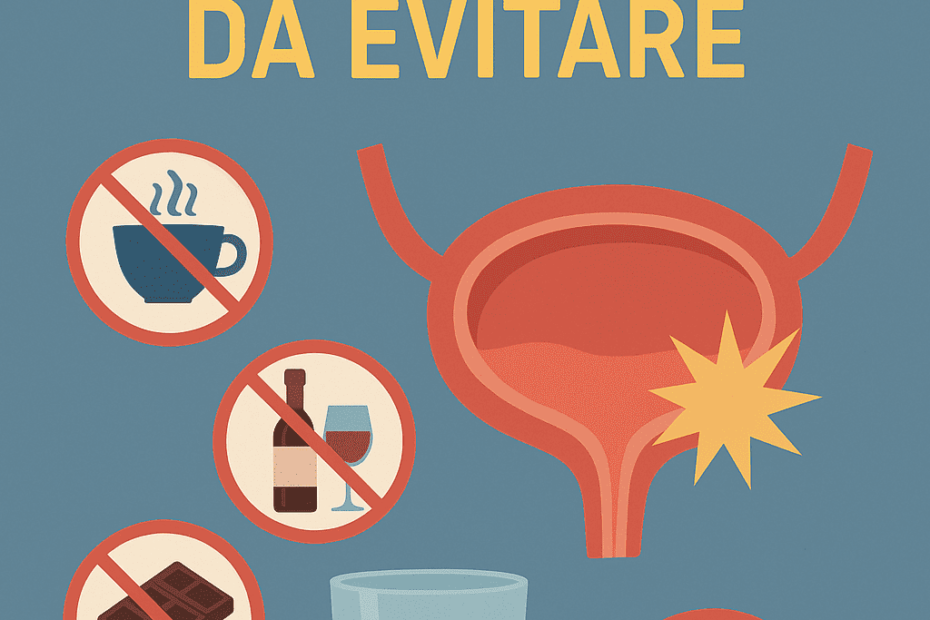 Copertina illustrata con titolo Cistite: Alimenti da Evitare, icone di vescica infiammata, bottiglia d’acqua, simboli di cibi irritanti come caffè, peperoncino e alcol, su sfondo rassicurante e ben leggibile.