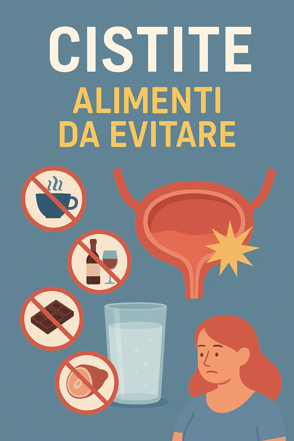 Copertina illustrata con titolo Cistite: Alimenti da Evitare, icone di vescica infiammata, bottiglia d’acqua, simboli di cibi irritanti come caffè, peperoncino e alcol, su sfondo rassicurante e ben leggibile.