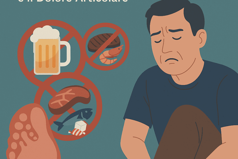 Copertina illustrata con titolo completo Gotta: Cibi da Evitare per Ridurre gli Attacchi, con icone di articolazioni infiammate, carne rossa, birra, crostacei e simboli di divieto su sfondo chiaro ben bilanciato.