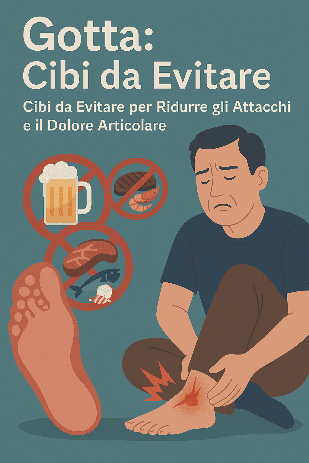 Copertina illustrata con titolo completo Gotta: Cibi da Evitare per Ridurre gli Attacchi, con icone di articolazioni infiammate, carne rossa, birra, crostacei e simboli di divieto su sfondo chiaro ben bilanciato.