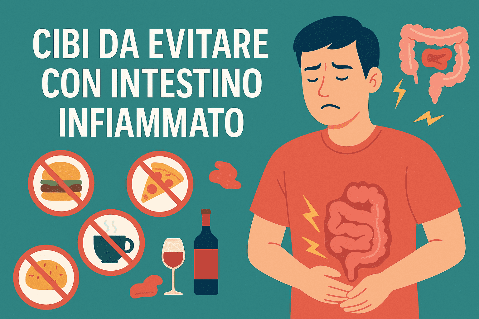 Copertina illustrata con scritta Alimenti da Evitare con l'Intestino Infiammato, icone di cibi vietati come sushi, vino, salumi, formaggi molli e pesce crudo su sfondo rosato con grafica leggibile.