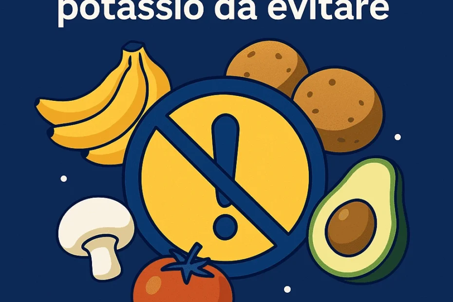 Illustrazione flat con cibi ricchi di potassio come banane, avocado, legumi, cioccolato e pesce, evidenziati in un contesto medico-nutrizionale con titolo centrale.