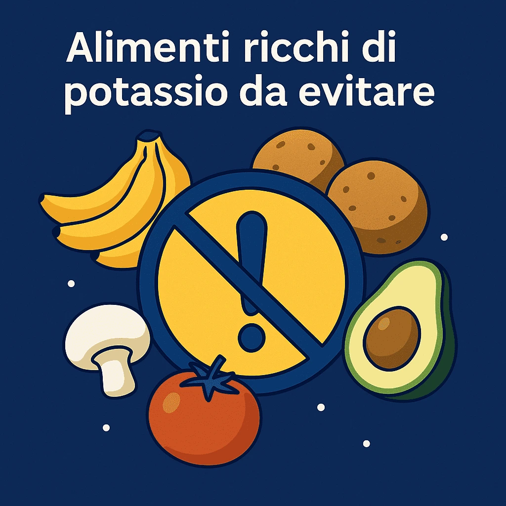 Illustrazione flat con cibi ricchi di potassio come banane, avocado, legumi, cioccolato e pesce, evidenziati in un contesto medico-nutrizionale con titolo centrale.