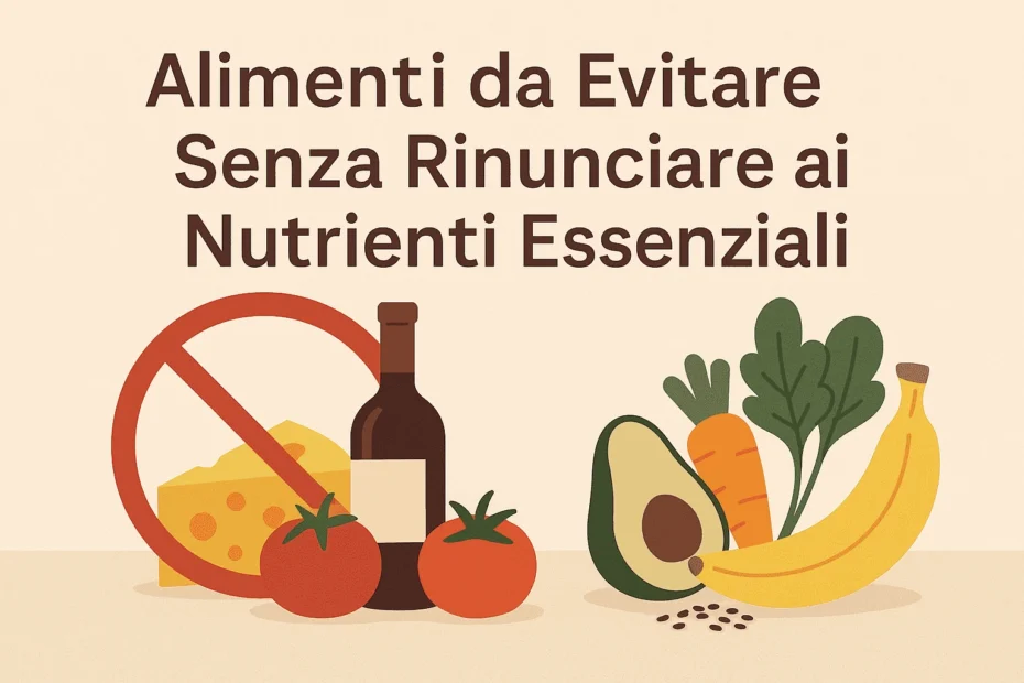 Illustrazione con cibi da evitare come vino, formaggio e pomodoro a sinistra, e nutrienti alternativi come avocado, banana, carota e semi a destra, su sfondo beige con titolo.