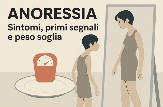 Illustrazione simbolica sull’anoressia, con immagine riflessa distorta allo specchio e bilancia su piatto.