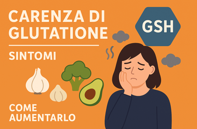 Infografica italiana sulla carenza di glutatione con sintomi, cause e alimenti per stimolare il GSH, su sfondo arancio brillante