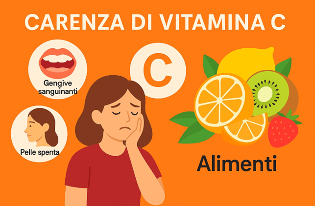 Infografica italiana sulla carenza di vitamina C con sintomi, agrumi, kiwi e icona C su sfondo arancione brillante.