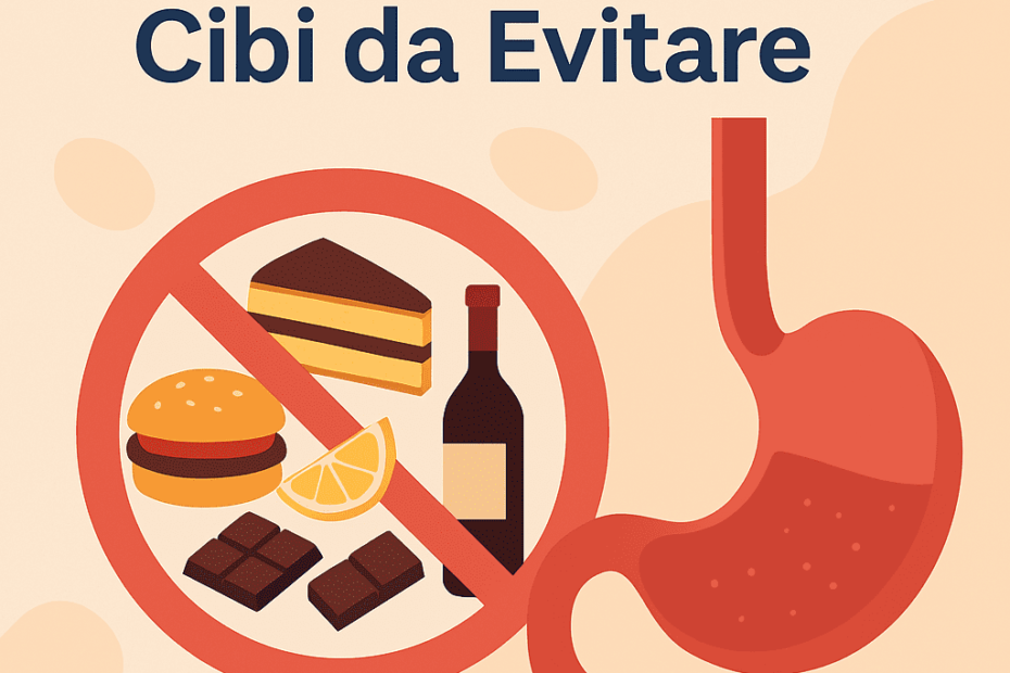 Illustrazione flat con sistema digestivo stilizzato, simbolo di divieto su alimenti acidi e grassi e titolo Ernia Iatale: Cibi da Evitare su sfondo beige.
