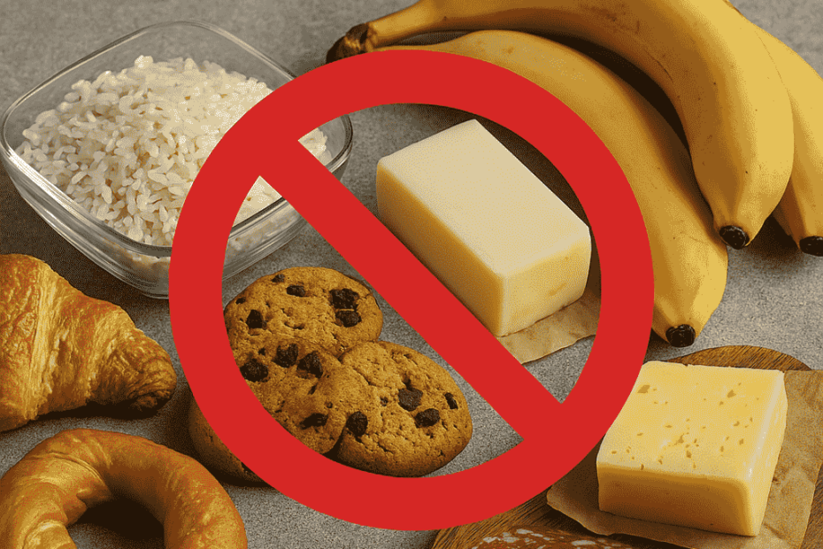 Alimenti da evitare in caso di stitichezza: prodotti da forno, riso bianco, banane acerbe, formaggi stagionati, burro e salumi con simbolo di divieto su sfondo neutro.