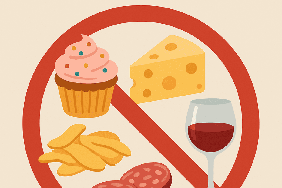 Illustrazione flat con simbolo di divieto su cupcake, formaggio, salame, vino e patatine e titolo Trigliceridi: Cibi da Evitare su sfondo beige con banner colorato.