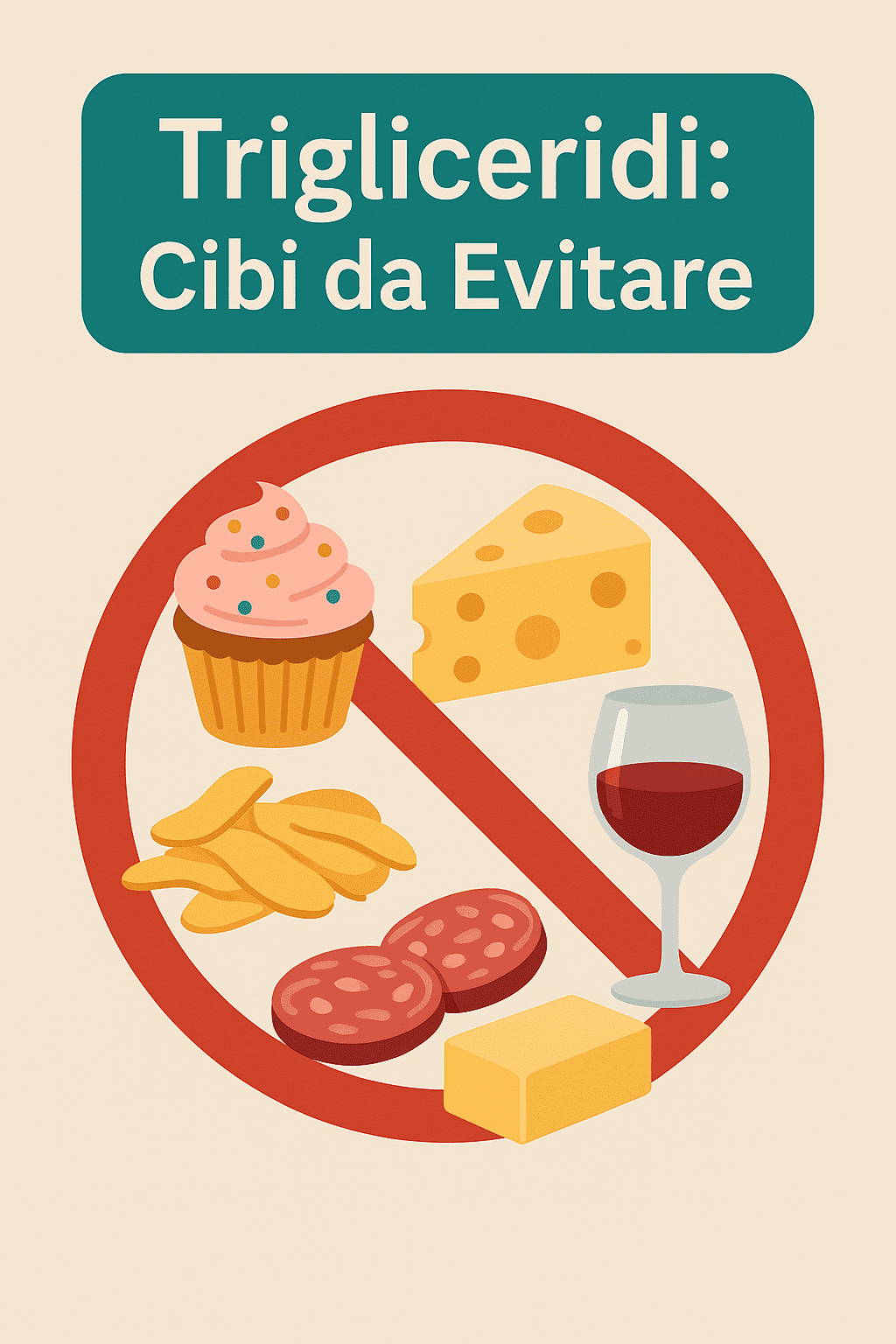 Illustrazione flat con simbolo di divieto su cupcake, formaggio, salame, vino e patatine e titolo Trigliceridi: Cibi da Evitare su sfondo beige con banner colorato.