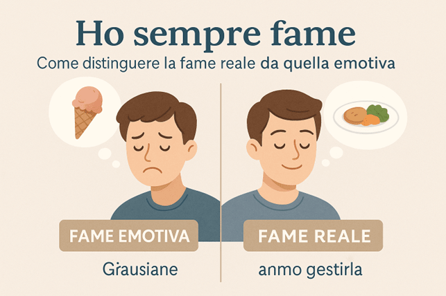 Infografica sul fenomeno dell'avere sempre fame, imparando a distinguere tra fame nervosa e fame fisica.