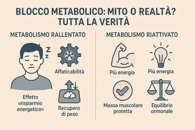 Infografica che confronta metabolismo rallentato e metabolismo riattivato con simboli visivi chiari e realistici