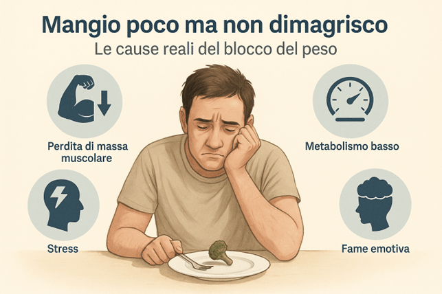 Persona frustrata con porzione minima e simboli del blocco metabolico, stress e fame emotiva