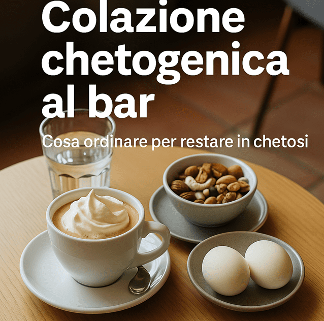 Caffè con panna, uova sode e frutta secca su tavolino a rappresentare una perfetta colazione chetogenica al bar.