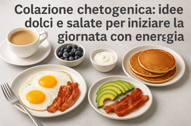 Piatti con uova, avocado e pancake low-carb su tavolo per rappresentare la colazione chetogenica.