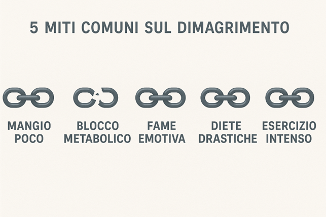 Infografica sui 5 falsi miti del dimagrimento, con simboli spezzati a rappresentare la liberazione dalle convinzioni errate