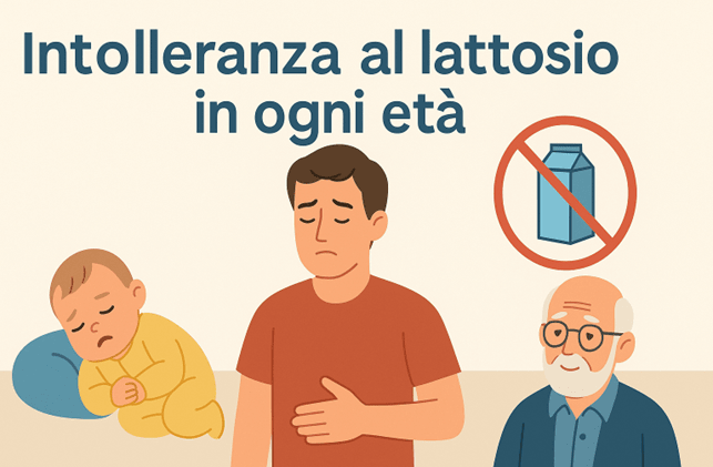 Neonato, adulto e anziano a confronto, con icona latte barrato ad indicare l'intolleranza al lattosio in ogni età.