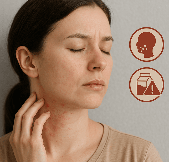 Sfogo cutaneo lieve su viso o collo provocati dall'intolleranza al lattosio.