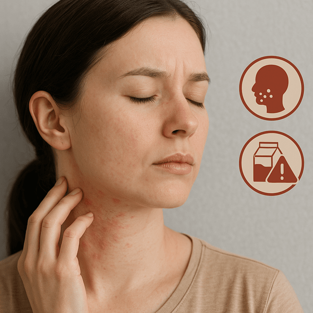 Sfogo cutaneo lieve su viso o collo provocati dall'intolleranza al lattosio.