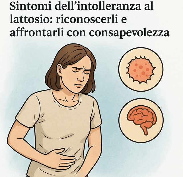 Persona che tiene la pancia, simboli di pelle e cervello evidenziati, sintomi dell’intolleranza al lattosio.
