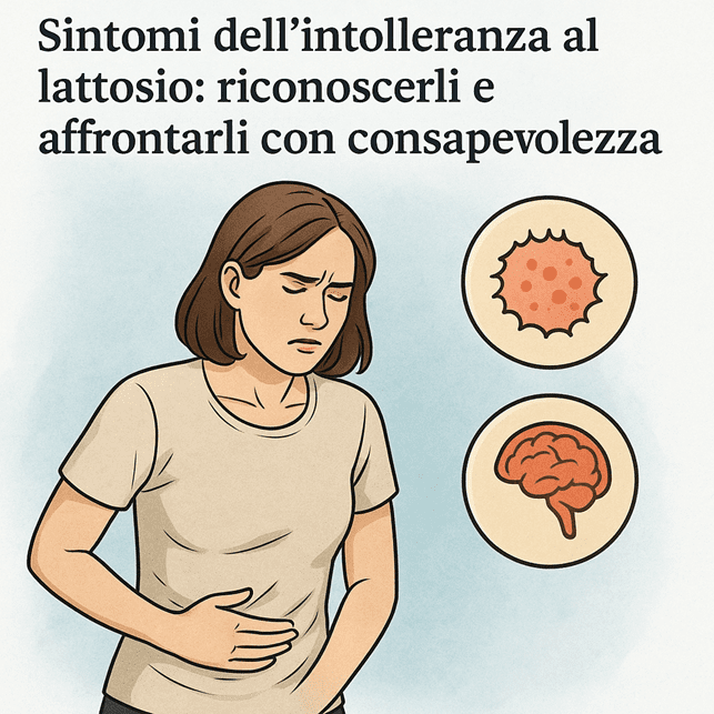 Persona che tiene la pancia, simboli di pelle e cervello evidenziati, sintomi dell’intolleranza al lattosio.
