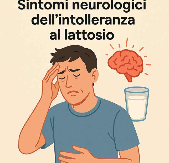 Uomo con espressione affaticata, mano sulla testa e simbolo cervello rosso, collegato al consumo di latticini.