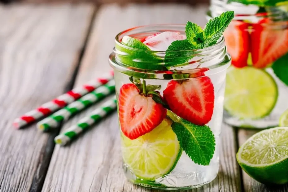Acqua detox con fragole lime e menta in barattolo di vetro per idratazione naturale estiva.