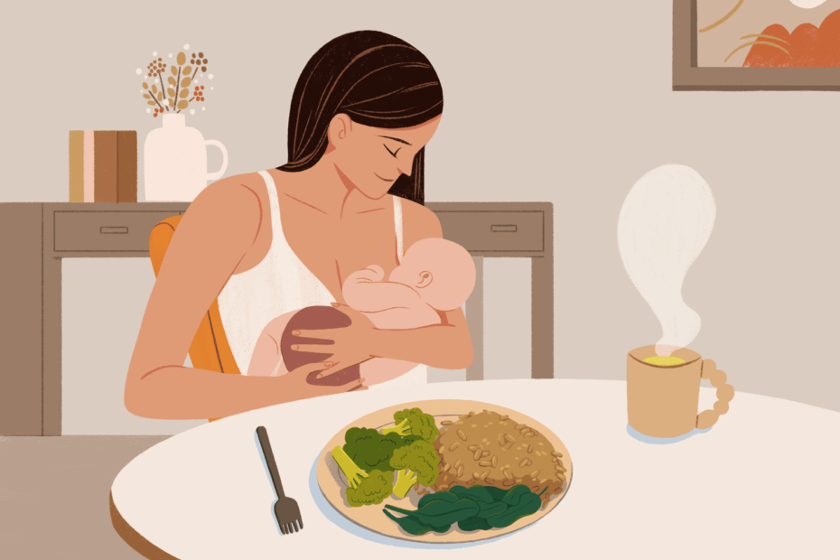 iconografia di una madre che allatta il proprio bambino con davanti un piatto di alimenti consigliati durante l'allattamento.