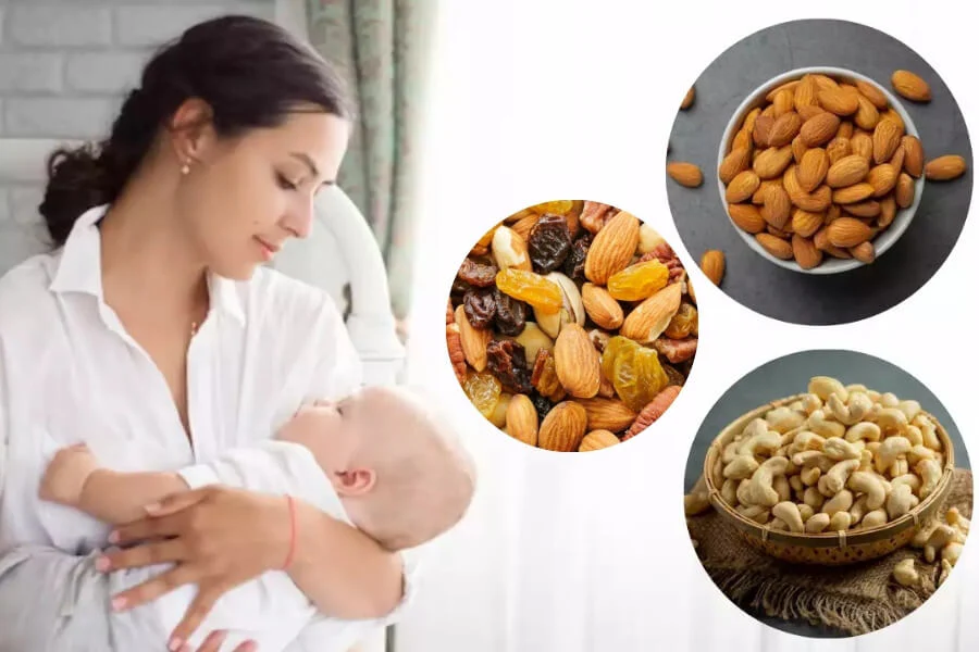 iconografia di una madre con il proprio bambino in braccio con a destra diversi tipi di frutta secca salutare da mangiare durante l'allattamento.