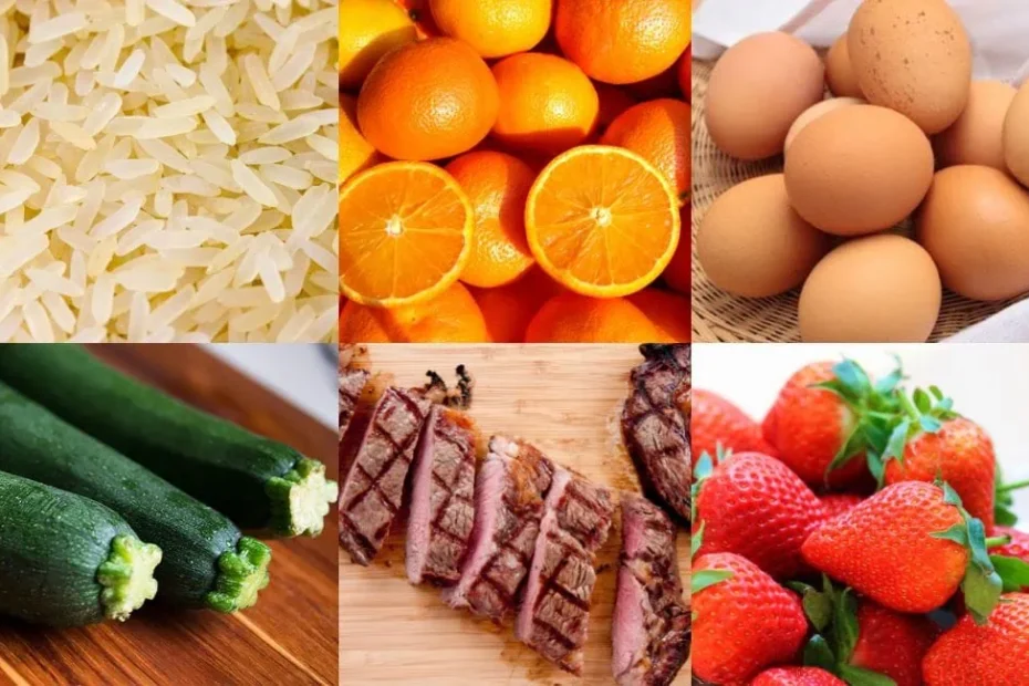 Un collage con riso, arance, uova, zucchine, carne e fragole, alimenti a basso indice di nichel o addirittura nichel free.