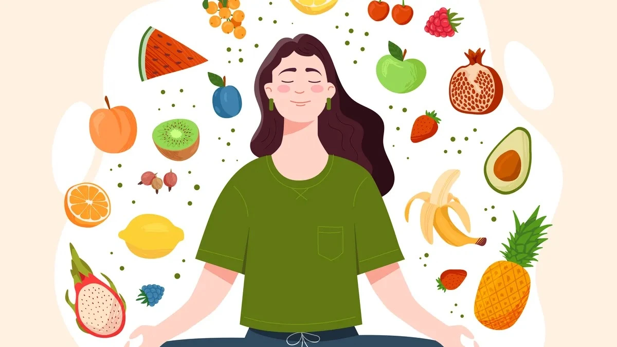iconografia di una donna circondata dalle icone di cibi salutari per il mindful-eating durante la terapia con mounjaro.