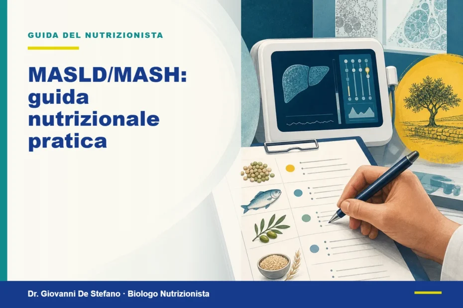 Mano che prende appunti su un piano nutrizionale accanto a referto FibroScan e lista di alimenti integri sul tavolo