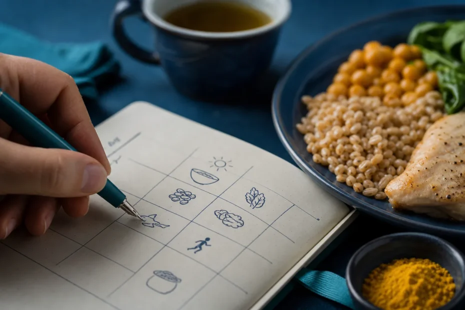 Piatto con cereali integrali, legumi e proteine magre accanto a un taccuino aperto per pianificare i pasti