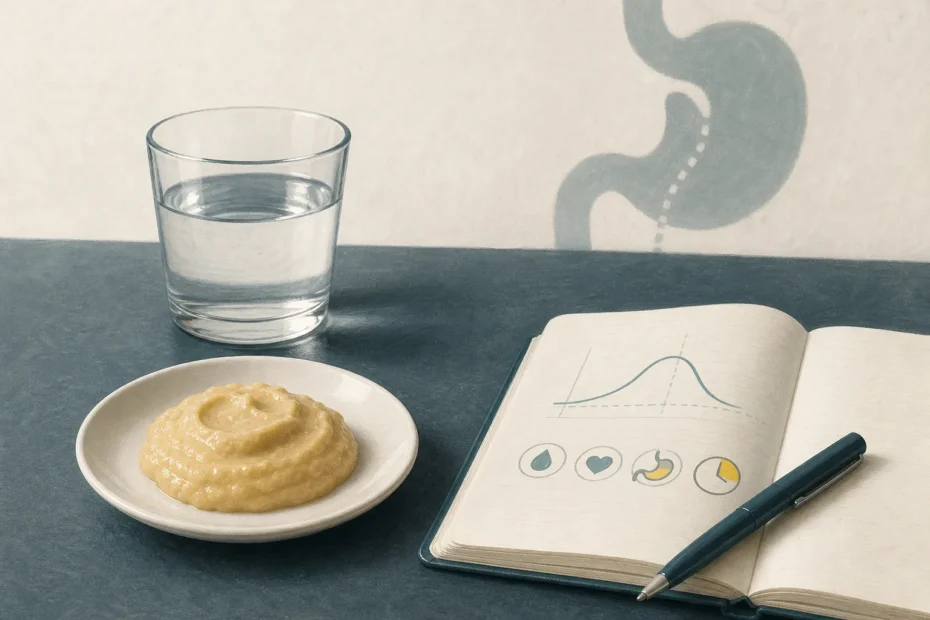 Un piatto piccolo con alimenti morbidi e un bloc‑notes per annotare i pasti e i sintomi, bicchiere d'acqua su tavolo accanto.
