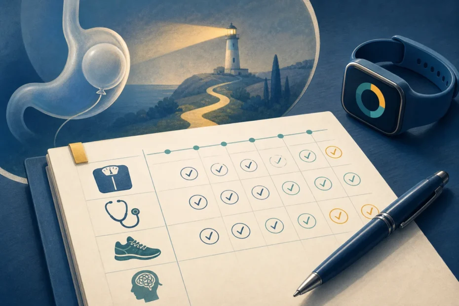 Planner clinico su scrivania con orologio, tracker attività e scheda di follow up mensile