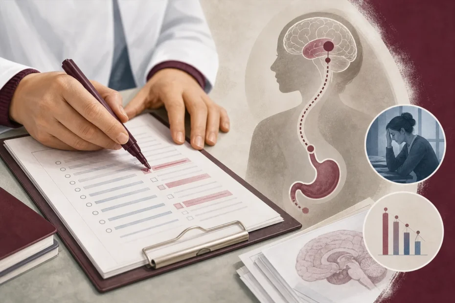 Mano che compila una checklist clinica su una cartella paziente con penna e documenti medici.