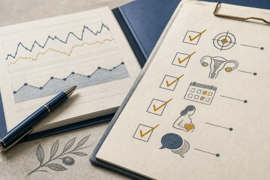Checklist clinica cartacea per counselling pre‑concezionale su tavolo con appunti e grafici glicemici.