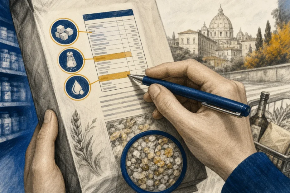 Primo piano di una mano che indica con una penna la tabella nutrizionale e la lista ingredienti su una confezione neutra