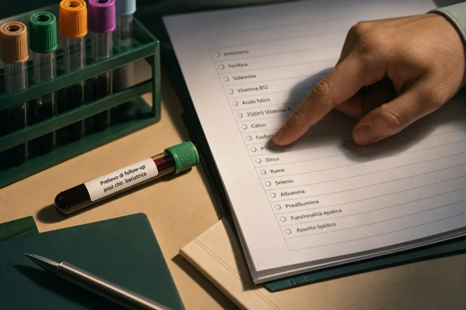 Provette etichettate su un tavolo clinico accanto a una checklist stampata con una mano che indica una voce